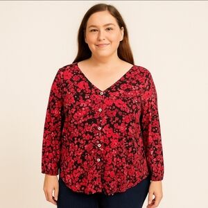Lane Bryant Red Floral Button Up Top Sz 14/16